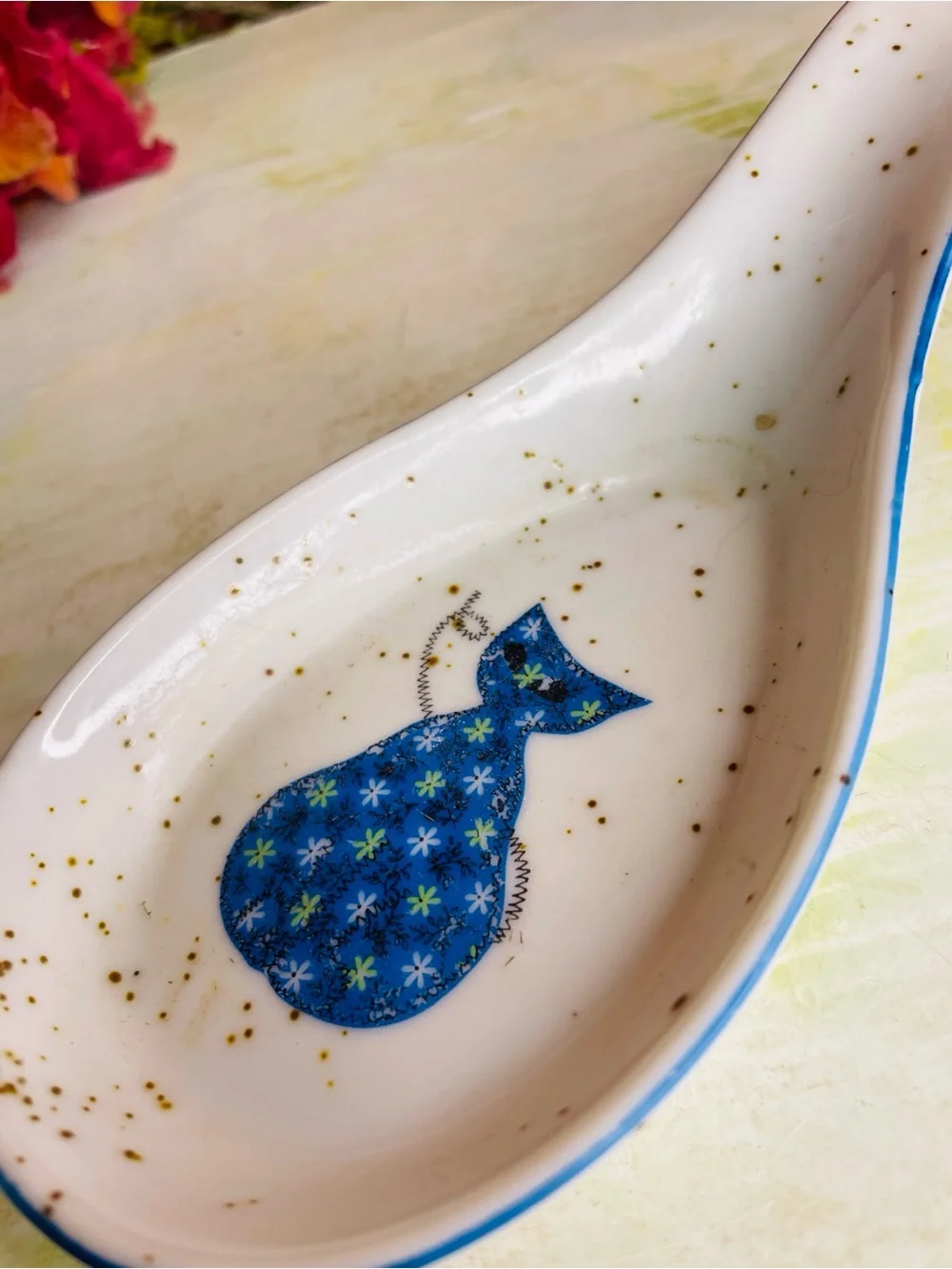 Vintage Otagiri White Ceramic Spoon Rest with Blue Floral Cat Accent